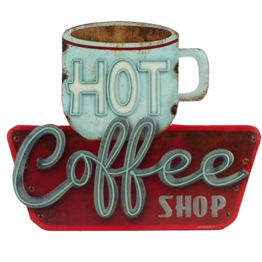 Hot Coffee Shop Embossed Metal Sign - Vintage Diner Coffee Sign for Kitchen